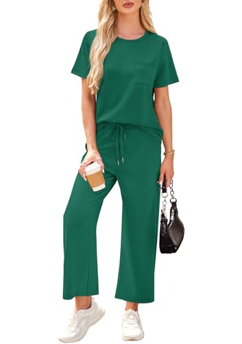 Image of WIHOLL 2 Piece Sets for Women Casual Summer Travel Vacation Outfits Short Sleeve Wide Leg Crop Pants Lounge Sets