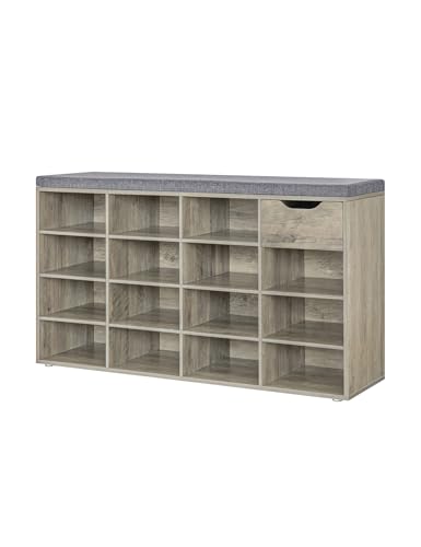 DINZI LVJ Banco de zapatos, banco de almacenamiento de entrada con cajón y 15 cubos, zapatero con estantes ajustables, armario organizador de zapatos para sala de estar, dormitorio, vestíbulo y