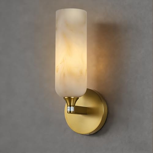 Artisan Alabaster Wall Sconces 12in Vintage Spanish Brass Gold Vanity Light Dimmable Hardwired Upward Sconce Lighting for Bathroom Mirror Living Room Luxury Handcrafted Art Deco Wall Lamp(1 Pcs)