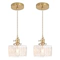 Shenmoyl Pendant Light 2 Pack with Clear Striped Glass Lmapshade, Brass Vintage Pendant Light Adjustable Hanging Light for Kitchen Island Dining Room Hallway