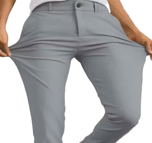 Image of Men's Regular Fit Light Grey Stretchable Trousers - Expandable Waist Formal & Casual Pants | Premium Lightweight Comfortable
