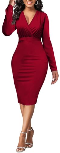 Women's Red Church Dress Wrap Long Sleeve Business Work Dress Formal Ruched Vintage Midi Pencil Dress(06Red,Medium)2