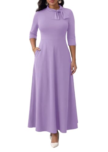 Image of FANDEE Maxi Long Dress Women, Church A Line Bow Tie Neck Casual Dresses | 3 /4 sleeve with pockets, tea party elegant wedding guest semi formal bridesmaid dress, m-3xl, machine wash