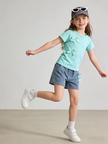 Image of Azmxynol Kid Girls Clothes Outfits Bowknot T-Shirt + 2 In 1 Denim Short Skort Summer Clothing Set, Size 4-10 Years