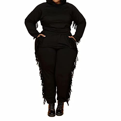 Women s Plus Size 2 Piece Tracksuit Set Long Sleeve Tassels Hoodie Crop Top With Sweatpants Sweatsuit Jogger Workout Set Black 4XL