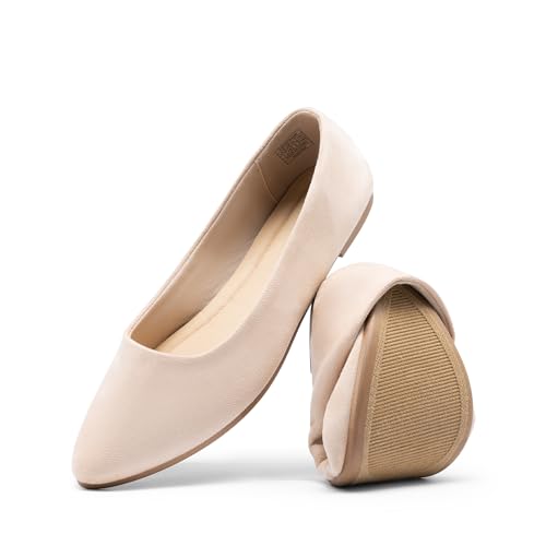 DREAM PAIRS Women's Pointed Toe Flats Comfortable Flexible Cushioned Slip On Business Work Office Casual Suede Ballet Flats Dress Shoes 6 Nude