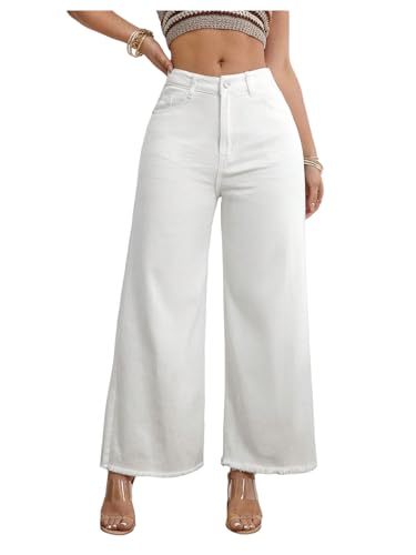 WDIRARA Women's Frayed Hem Denim Palazzo Pants High Waist Wide Leg Baggy Jeans with Pockets