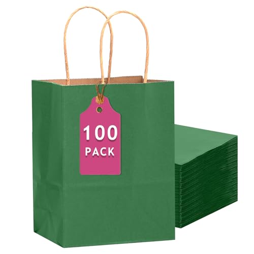 qiqee 100PCS Gift Bag with Handles Bulk Kraft Deep Green Paper Bags Multiple Uses (13''x5 x10 inch Large Size)