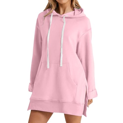 AMDOLE Womens Ladies Plain Hoodie Pullover Longline Hoody Soft Casual Hooded Sweatshirt Top Long Sleeve Jacket Jumper Dress for Women UK Pink L