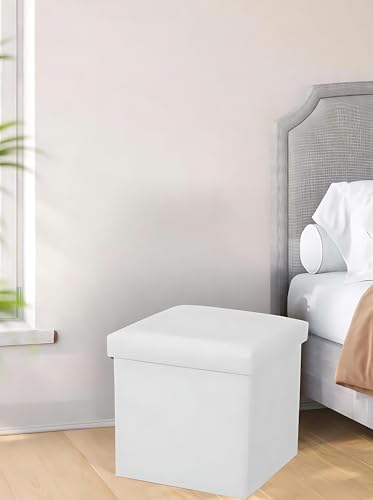 LEKE GO Baúl Puff Taburete para almacenaje Plegable, Capacidad de Carga 100 kg, Tapizado PVC, Acolchado, para Sala de Estar, Dormitorio, Entrada, Blanco (38x38x38 cm, Blanca) - imagen 2