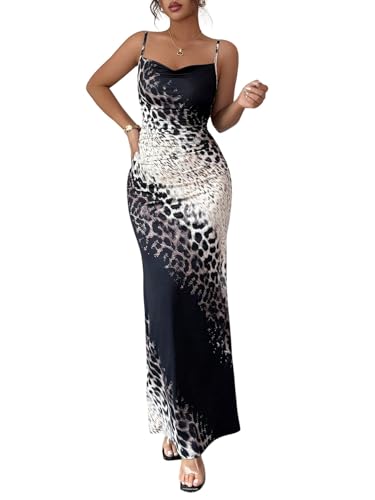 SweatyRocks Kleid Damen Elegant Maxikleid mit Schlitz Ärmellos Leo Kleid Spaghettiträger Partykleid Bodycon Abendkleid mit Leopard Muster Festival...