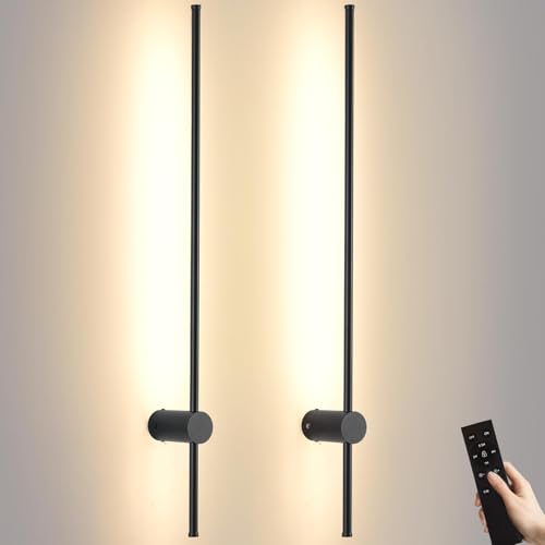 Image of LED Wireless Wall Sconce with Remote Control, Dimmable /350 Rotate /Timing /USB Rechargeable Battery Powered Indoor Wall Lamps, 39.3 inch Black Wall Lights Set of Two for Hallway, Living Room, Bedroom