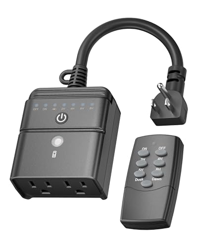 BN-LINK Outdoor Light Timer, Waterproof Plug-in Dusk-to-Dawn Controller with 2 Grounded Outlets for Christmas & Halloween String Lights, 15A 1/2HP, ETL Listed, 100 ft RF Range, Remote Included