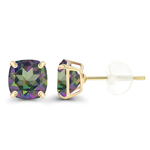 14K Yellow Gold Plated Sterling Silver 6Mm Cushion Mystic Green Quartz November Birthstone Genuine Stud Earrings For Women And Girls #TOP1