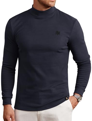 Image of Herberton Mens Mock Turtleneck Shirts Thermal Fleece Casual Undershirt | Mockneck, Long Sleeve, Warm Fleeced, Regular Fit, Soft Feel, Stretchy, Solid Color, Embroidery Design, Cold Weather, S-2XL
