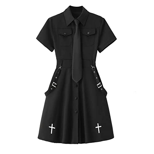 Gothic Black Summer Academy Tie Cross Black Retro Dress Harajuku Dress Emo Clothes (S Small)