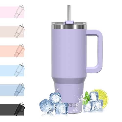 WATERSY Travel Mug Coffee Cup 40oz Tumbler Straw Lid and Handle Stainless Steel Double Wall Vacuum Insulated Coffee Water Bottle Thermal for Cold Hot Coffee 1182ml Purple
