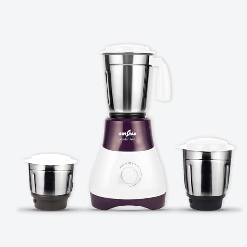 Kenstar SLENDER NEO Mixer Grinder 500 Watts | 3 Multi-Purpose Jars | Powerful Turbo Motor | Overload Safety | White & Purple view 1