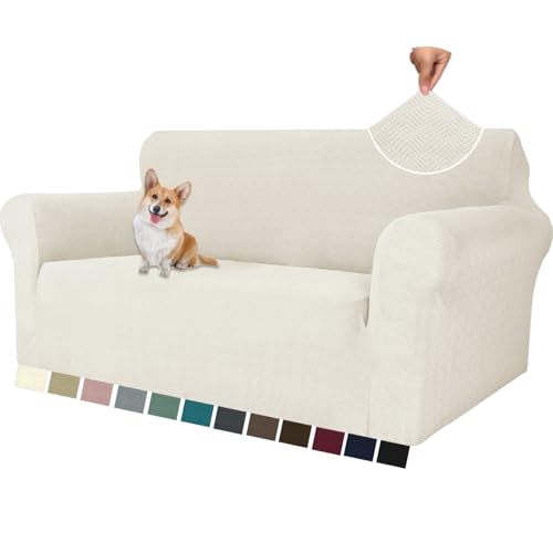 YSTELLAA Stretch Sofa Überzug 2 Sitzer, Sofaschoner rutschfest Mit Armlehne, Dicke Sofabezug Für Hunde Katzen Und Haustiere, Universal Jacquard Sofabezug, Waschbare Sofa Cover, CremeWeiß