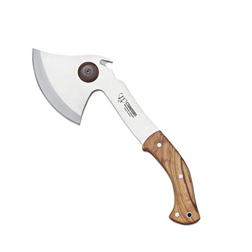 Cudeman Hacha 167-L Acero Inoxidable ACX-380 con Longitud Total de 35 cm empuñadura de Olivo de 14 cm para Caza, Pesca, Supervivencia y bushcraft + Portabotellas Regalo