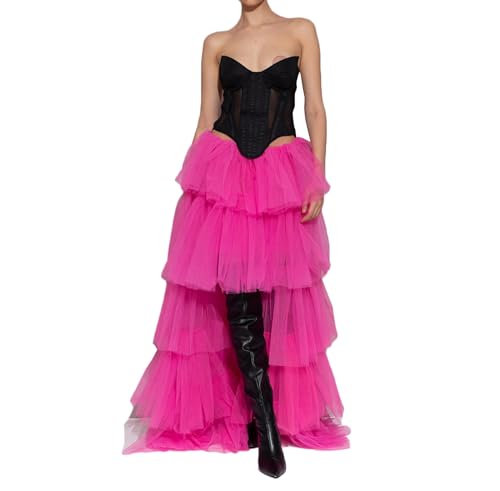 Women's Rave Skirt High Low Layered Mesh Tutu Tulle Long Skirts Elastic Waist Festival Party Wedding Dress Bottoms (Hot Pink, One Size)