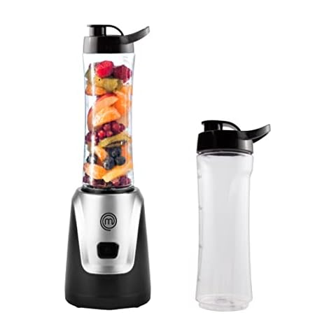 MasterChef Smoothie Maker with 2 x 600ml Portable Sports Bottles, Blender for Smoothies, Protein Shakes, Milkshakes, Fruit Juice & Frozen Drinks, Plastic, 200 W, Black Cover