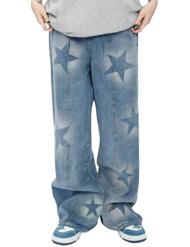 Mens Y2k Star Jeans Hip Hop Skater Pants High Waisted Streetwear Jeans Straight Leg Star Graphic Jeans