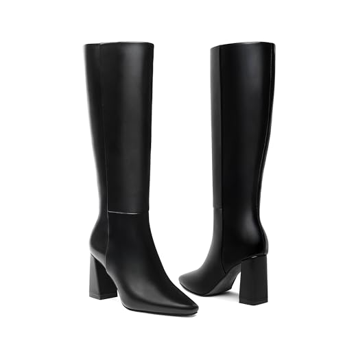 Meolee Knee High Boots for Women Square Toe Chunky High Heel Tall Boots Fashion Long Boots with Side Zipper4