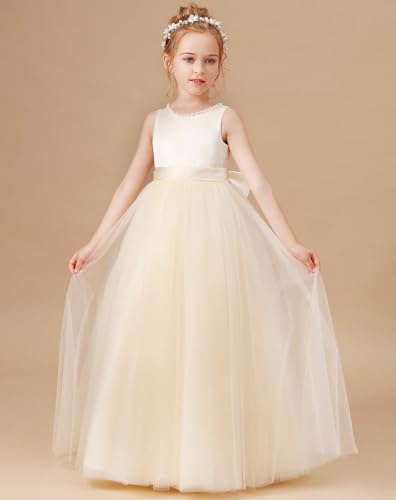 Flower Girls Dress for Wedding Satin Tulle Princess Pageant Dresses Kids Pearls Prom Ball Gowns with Bow-Knot TN0124