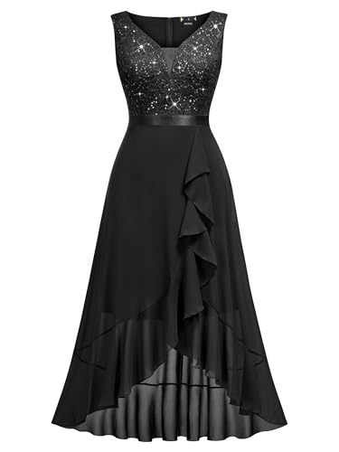 Miusol Women's Vintage V-Neck Sleeveless Sequined Floral Lace Ruffle Split Evening Party Dress3