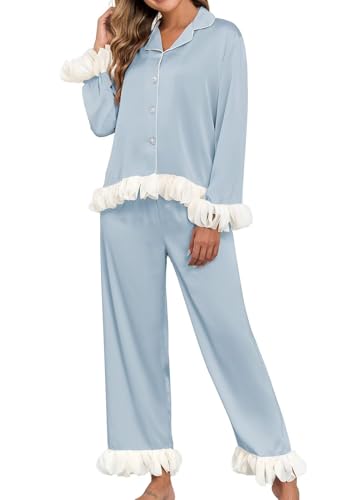 Image of Brosloth Womens Silk Pajamas Set Long Sleeve Satin Button Up Sleepwear | Cute Soft Fall Pjs Sets, Lace 2 Piece Lounge Set, Elegant Bridesmaid Pajama, Skin Friendly Sleepwear for Wedding, Honeymoon