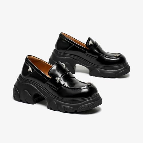 Image of BEAU TODAY Chunky Loafers Women, Genuine Leather Platform Loafers for Women, Slip On Round Toe Comfortable Business Casual Dress Shoes