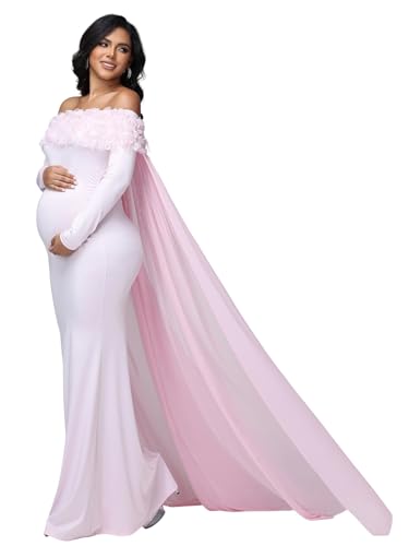 JustVH Maternity Mesh Off Shoulder Chiffon Cloak Maxi Photoshoot Dress