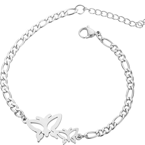 Jude Jewelers Stainless Steel Butterfly Charm Figaro Chain Adjustable Size Strand Bracelet (Silver) #TOP28