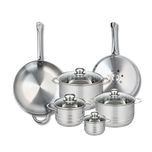ELO 9884250 Batterie de cuisine 6 pièces, Ensemble de 2 Poêles de cuisson 28 et 32 cm et 4 faitouts 12, 16, 20 et 24 cm Elo Profi Brillant, inox, induction, Gris Pierre