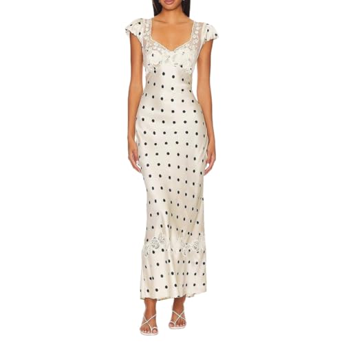 Long Satin Polka Dot Dress Women Sexy Backless Summer Maix Dress Y2k Floral Lace Coquette Beach Vacation Clothes (Beige Polka Dot,Medium)