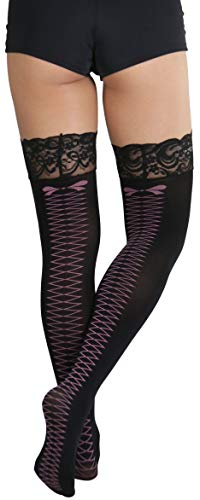 Image of ToBeInStyle Women's Lace Up Back Seam Tights Sheer or Opaque Hosiery Stockings Crisscross Lace Ribbon Zigzag Design