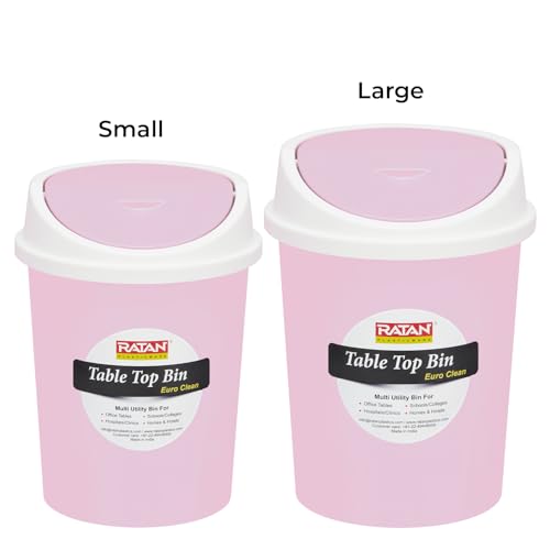 Image of RATAN PLASTICWARE Euro Clean Table Top Small Mini Dustbin with Swing Lid for Study Table, Desk, Kitchen Sink, Car, Kids Room| Compact and Stylish Waste Storage Garbage Bin - 1.5 Litre, Pink