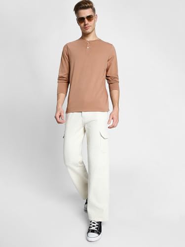 Image of Veirdo Pure Cotton Regular Fit Henley Neck Plain Solid Full Sleeve T-Shirt for Men & Boys (Color Options: Black, Red, Swanwhite, Navy Blue, White, Cork, Green, Maroon, Mustard, Royal Blue)
