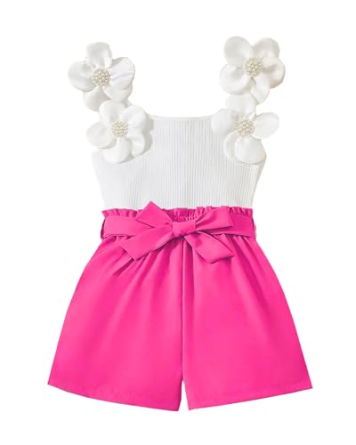 Image of Momkonzz Girls Summer Clothes Set for Kids Flower Sleeveless Tank Top + Shorts + Belt Tween Outfits Size 7-12T (Rose Pink, 10-11T)