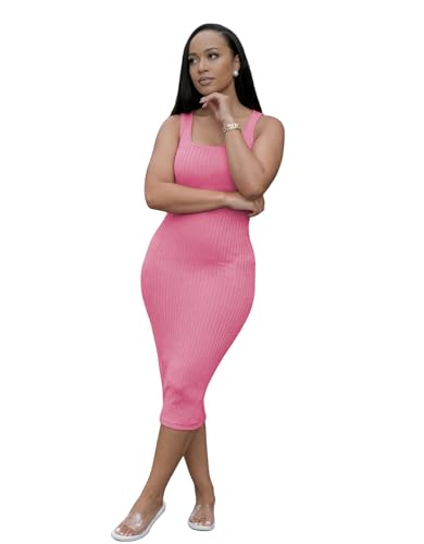Image of TOPSRANI Women Sexy Midi Dress Bodycon Casual Sleeveless Basic Ruched Tank Summer Club Party Dresses