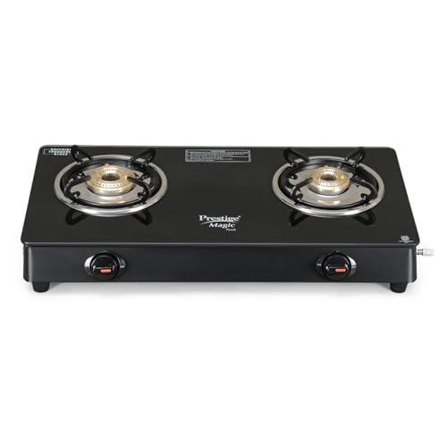 Prestige Magic plus Toughened Glass-Top 2 Brass Burner LPG Gas Stove(GTMP-02) | Black Spill Proof Design | Ergonomic Knob | Tri-Pin Burner