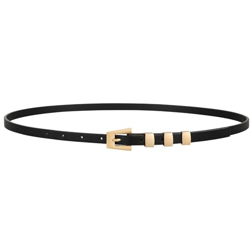 LEACOOLKEY Skinny Leather Belt Thin Waist Belt for Women Jeans Dress Fashion Ladies Belt with Gold Buckle