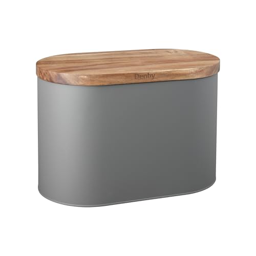 Denby - Bread Bin with Acacia Wood Lid in Grey - Kitchen, Pantry Organizer & Essential - Easy to Open Lid - Contemporary Matte Finish - Stylish, Durable Design