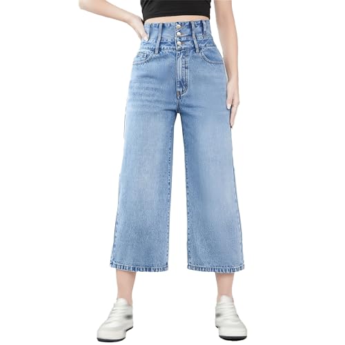 Jeans stretch taille haute extensible pantalon denim cheville boutonné