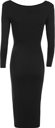 WearAll Womens Bodycon Stretch Plain Long Sleeve Ladies Round Neck Midi Dress 4-102