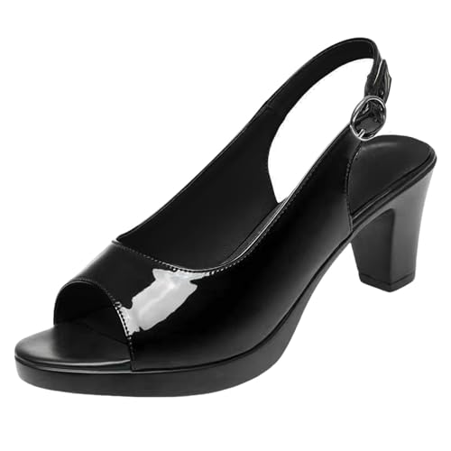 Women's Black Dress Pump Clearance Size 5 Peep Toe Patent Chunky Block Mid High Heel Slingback Sandals Wedding Slip-On Pumps Court Shoe YL250522 Patent Black Footwear