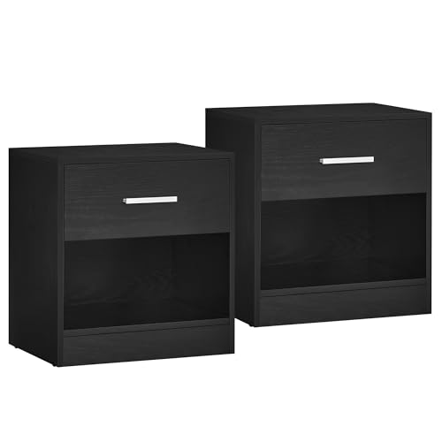VASAGLE Comodini, Set di 2 Tavolini con Cassetto, Maniglia, Scomparto Aperto, per Camera da Letto, Soggiorno, Nero Classico LET819T56