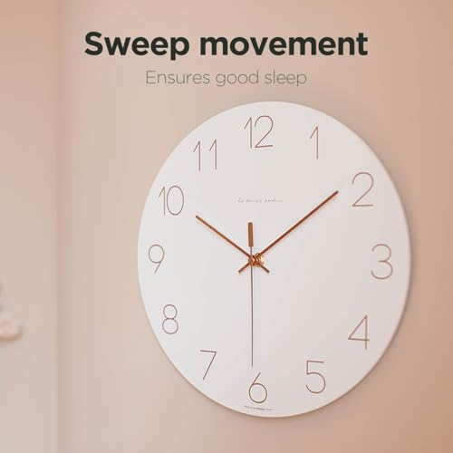 Image of mooas Flatwood Wall Clock (Rose Gold),12 inch Non-Ticking Sweep Movement | Decorative Battery Operated Wall Clock for Home Living Room Kitchen Bedroom Office School