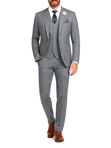 Mens Grey 3 Piece Formal Business Suit - Classic Two Button Coat Pant & Sleeveless Vest